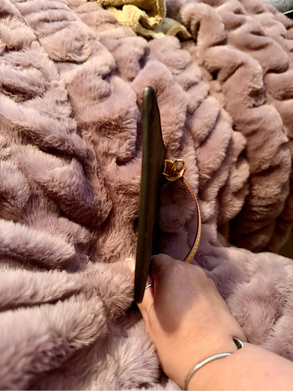 Louis Vuitton Brown Monogram Wristlet with Tan Strap